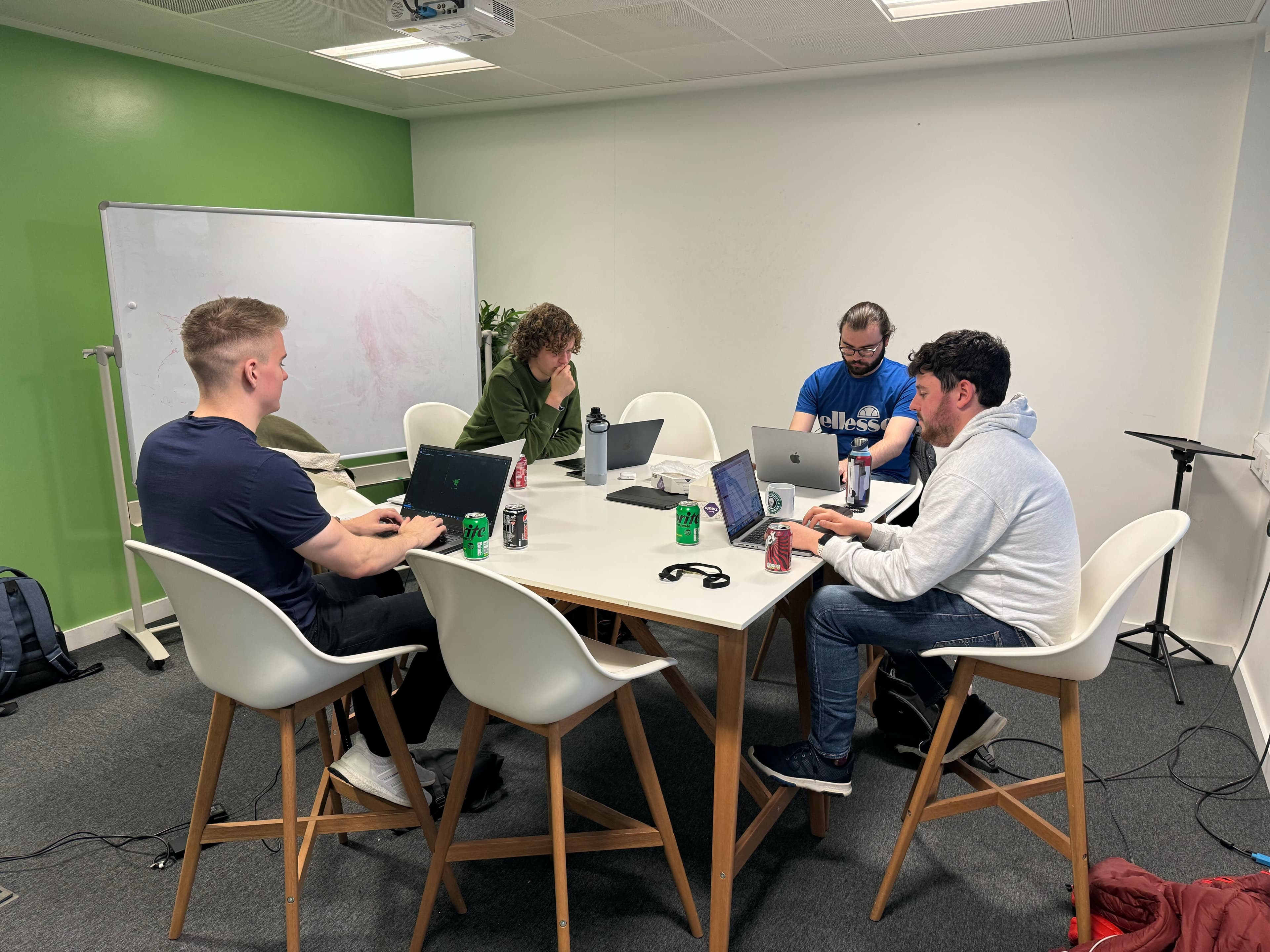 Four software developers sat around a large table working on laptops.